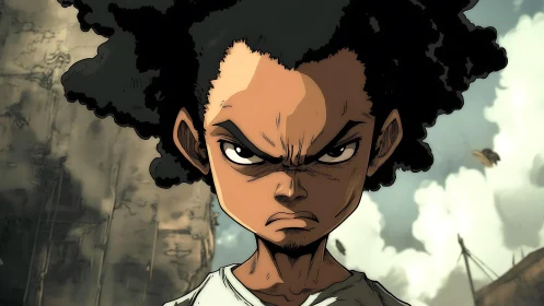 Storm-eyed kid hero glaring down a broken cartoon world.