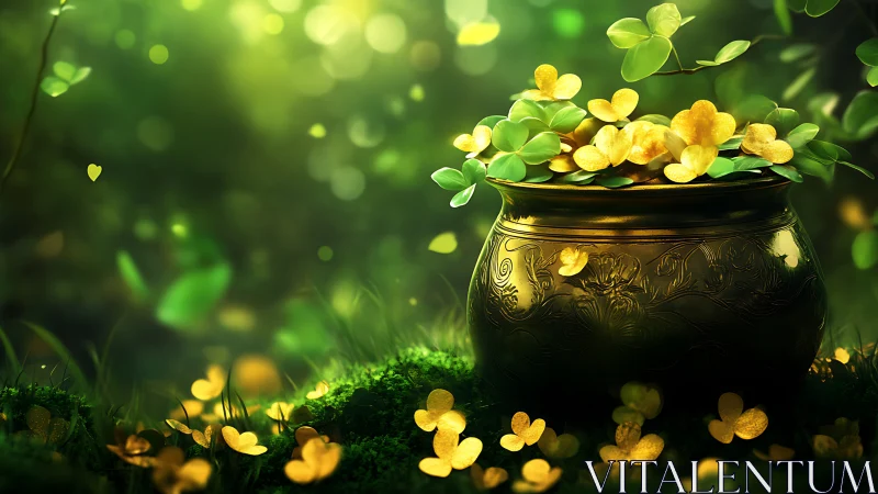 Golden clover pot in luminous forest bokeh environment.