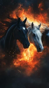 Contrasting black and white horses framed in vivid fire.