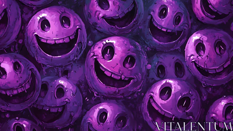 Clustered purple smiley faces with distressed surfaces.