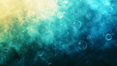 Abstract aqua bubbles swirling through teal light field.