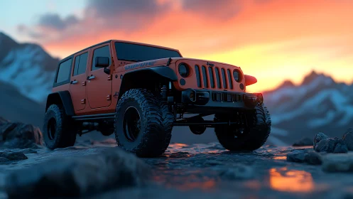 Sunset-lit orange off-road jeep on wet mountain rocks.
