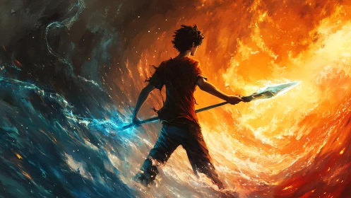 Dynamic elemental warrior stabilizes colliding fire and water vortex