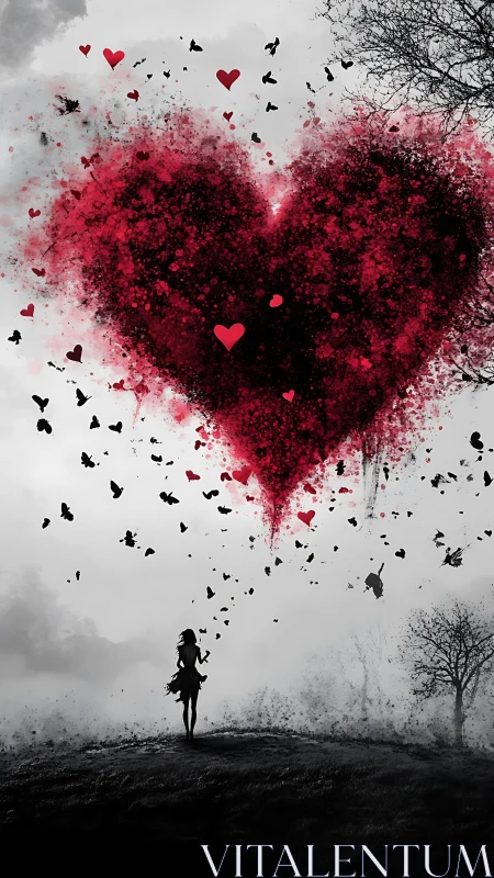 Particle Dispersal Heart Form: Silhouetted Figure Beneath Red Explosive Matter.