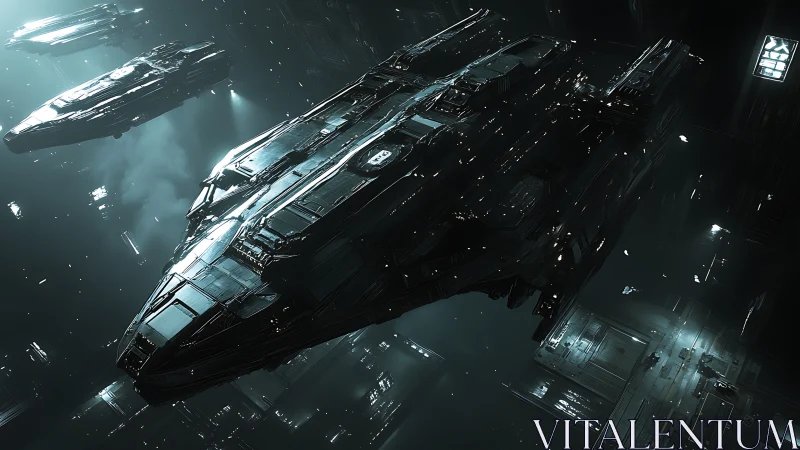 Massive starship convoy glides through a neon-lit void.