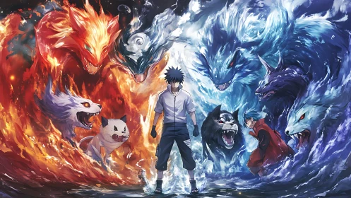 Fiery and watery spirit beasts surge around two rival heroes