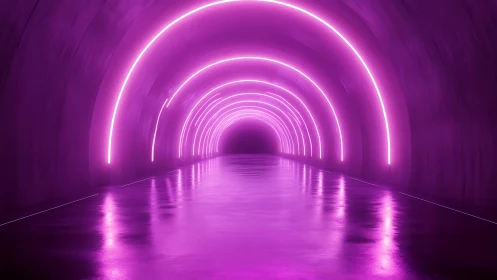 Neon arches illuminating a reflective tunnel corridor at night.