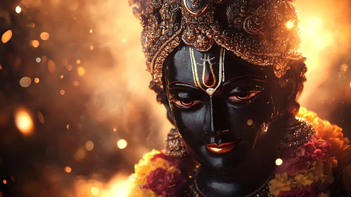 Divine black deity idol glows amid golden ritual light.