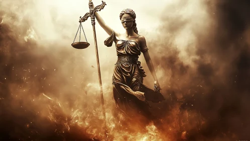 Digital painting of Lady Justice amid cinematic firestorm.