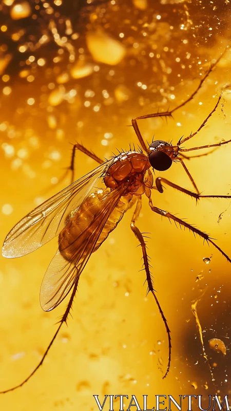 Macro view of mosquito-like insect against amber background.