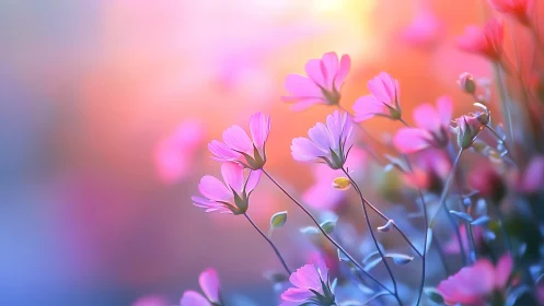Pink wildflowers bloom in golden hour light