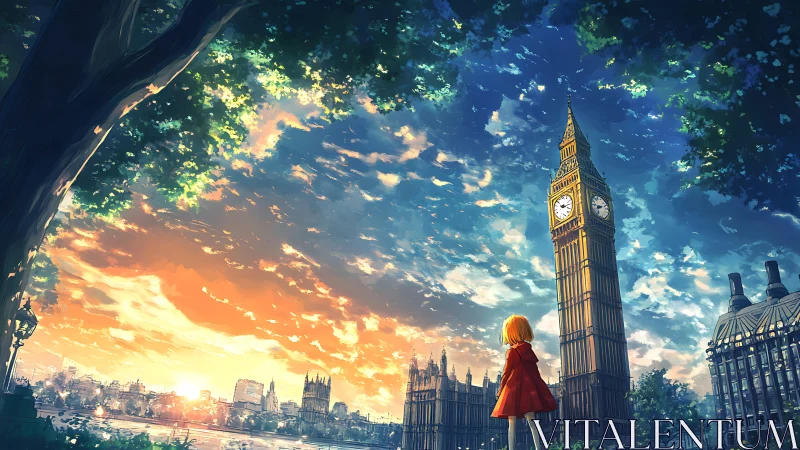 Clock tower and figure are depicted under expansive sky