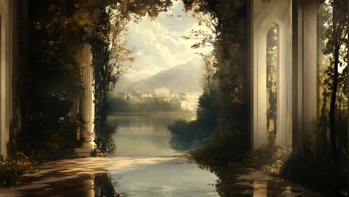 Architectural colonnade frames distant lake and mountains