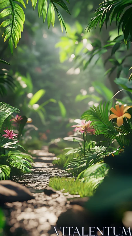 Sunlit jungle path winds through lush foliage and blooms