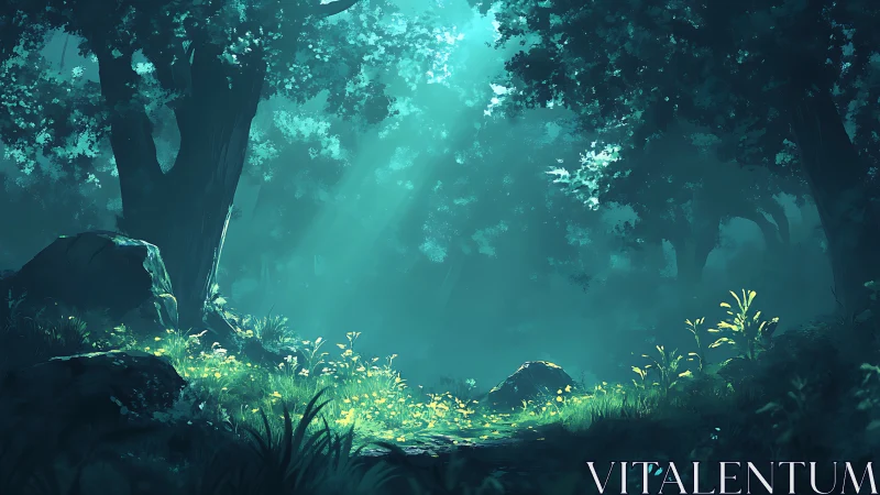 Enchanted Forest Glowing with Ethereal Turquoise Light