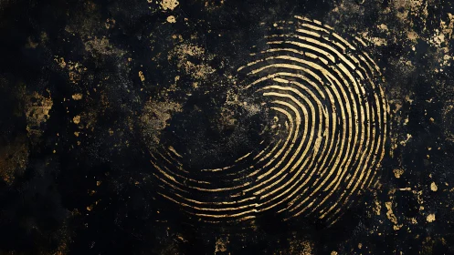 Golden fingerprint swirl on dark textured canvas backdrop.