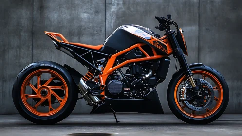 Custom streetfighter motorcycle with orange trellis frame profile.