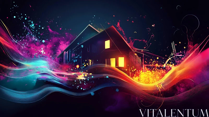 Colorful abstract house with glowing windows at night.