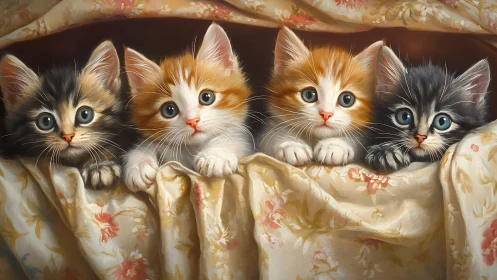 Four Adorable Kittens Peeking from Their Cozy Nest.
