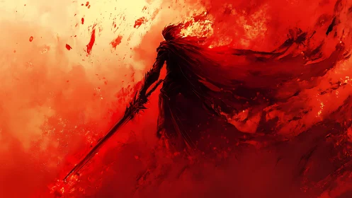 Silhouetted swordsman in red abstract swirling environment.