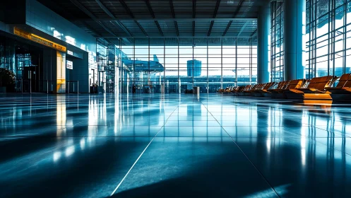 Empty airport terminal glows with cool morning light