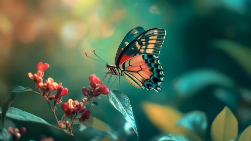 Butterfly in side view above red flowers in soft garden light.