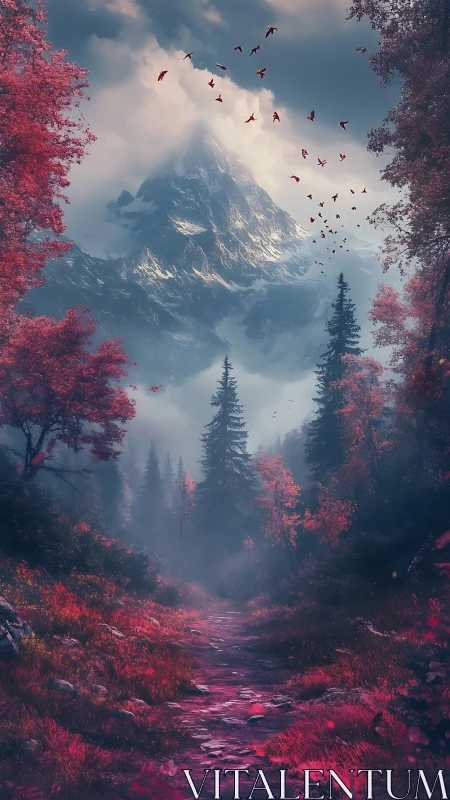 Crimson forest path dreaming beneath a mist-crowned peak.