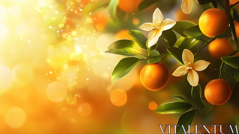 Sunlit orange blossoms rendered with luminous bokeh depth