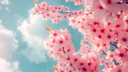 Pink flowering branches against turquoise sky with clouds.