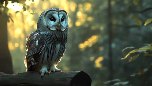 Serene Barred Owl on Log in Sunlit Forest, Photorealistic Style.