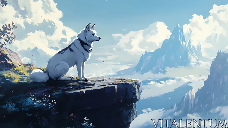 White wolf sentinel overlooks vast sunlit mountain range.
