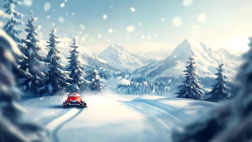 Snow vehicle traversing groomed trail in alpine forest scene.