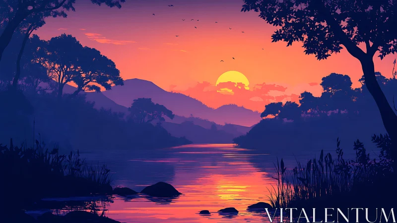 Layered river valley sunset uses silhouettes and gradient sky lighting