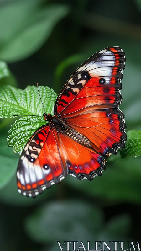 Macro study of red butterfly wing morphology on foliage.