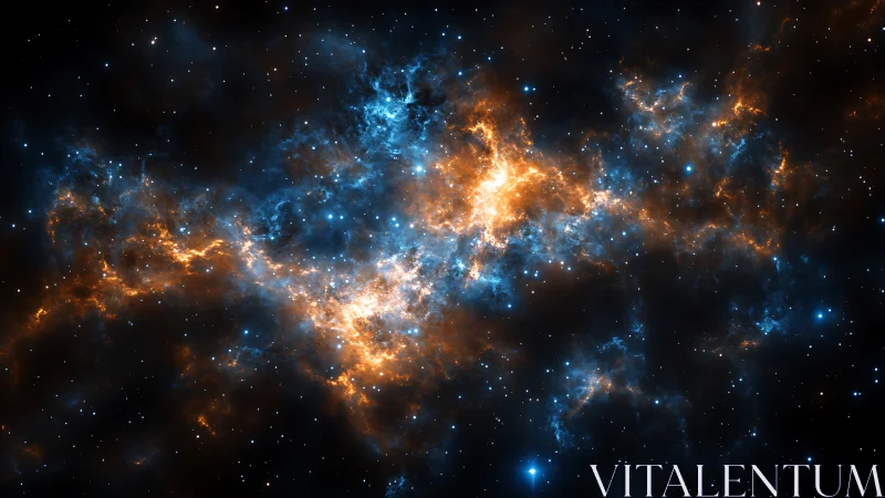 Stellar nebula clouds with vivid blue and orange filaments.