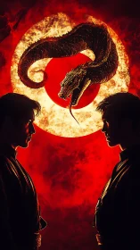 Two opposing warriors confront beneath coiled dragon emblem