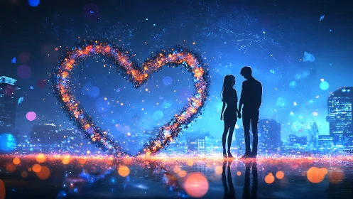 Luminescent Heart Silhouettes in Neon Metropolitan Dreamscape.