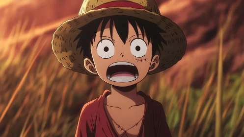 Straw hat anime boy in outdoor grass setting at sunset.