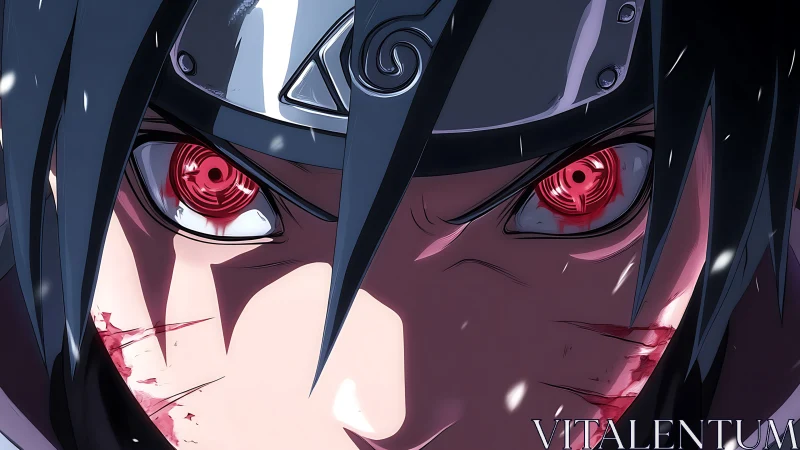Close-range anime gaze with high-intensity red ocular focus.