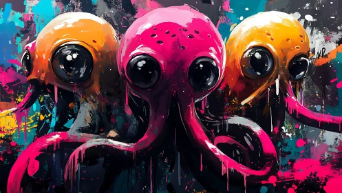 Neon cephalopod trio rendered in expressive street-art style