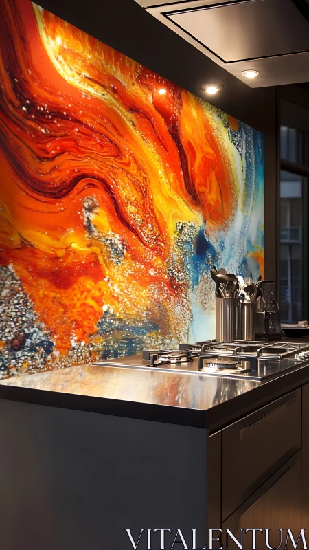 Digital painting backsplash with molten abstract colorfield wall.