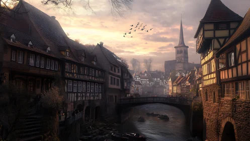 Twilight canalside village hums beneath rose-gold clouds.