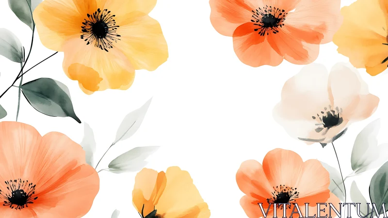 Watercolor Anemone Floral Composition With Chromatic Gradients.