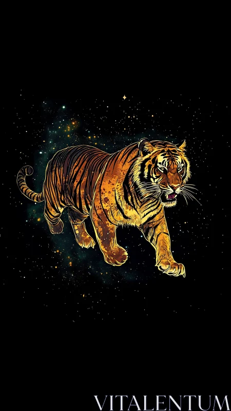 Cosmic tiger strides through nebula-rich starfield void.