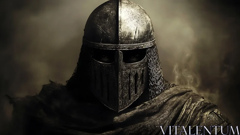 Metal helmeted warrior stands in low key smoky lighting