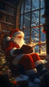 Santa reads by frosted window in warm lamplit library.