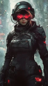 Armored operator stands in urban environment with visor