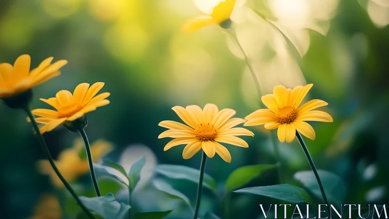 Yellow Daisies Bloom in Soft Garden Light.