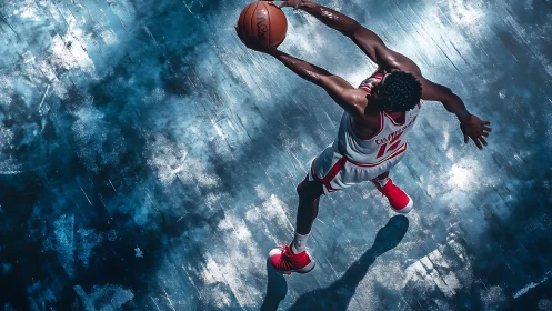 Soaring basketball player stretching for a powerful slam dunk.