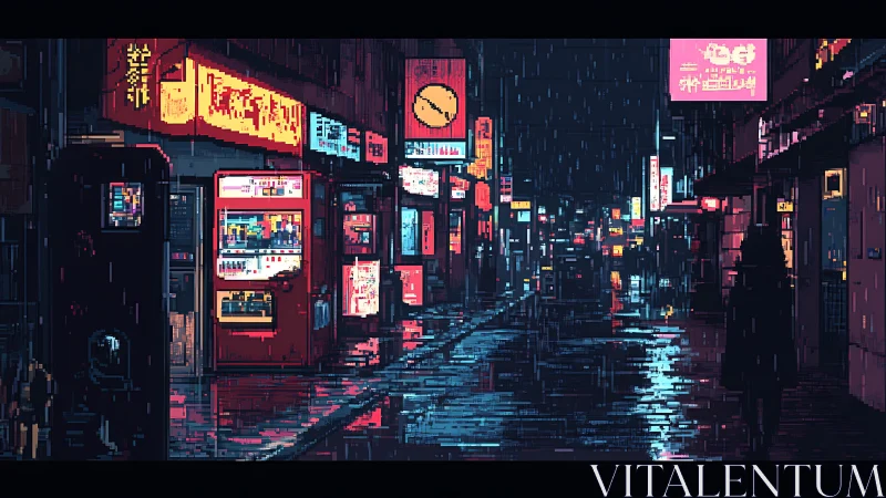 Pixelated neon alleyway in rain with cinematic vanishing point.